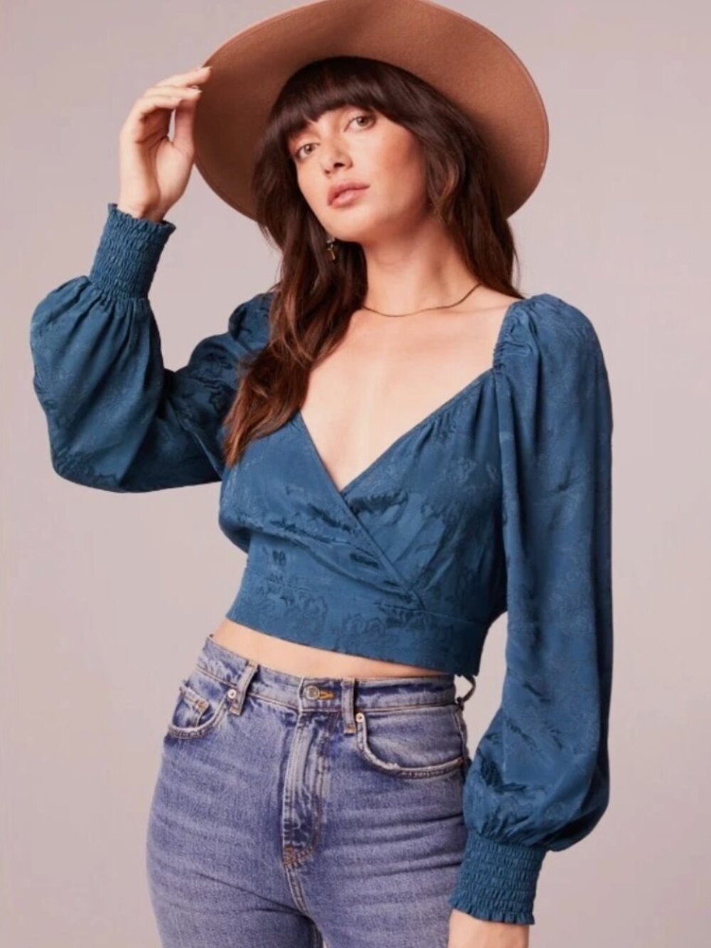 Band of the Free NWT Camille Deep Teal Floral Long Sleeve Crop Top Blouse